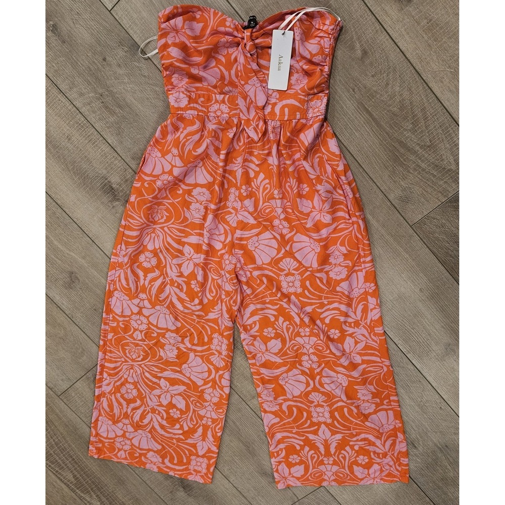 NWT Aakaa Erin Strapless Jumpsuit Cropped Wide Leg Size Small Pink Orange